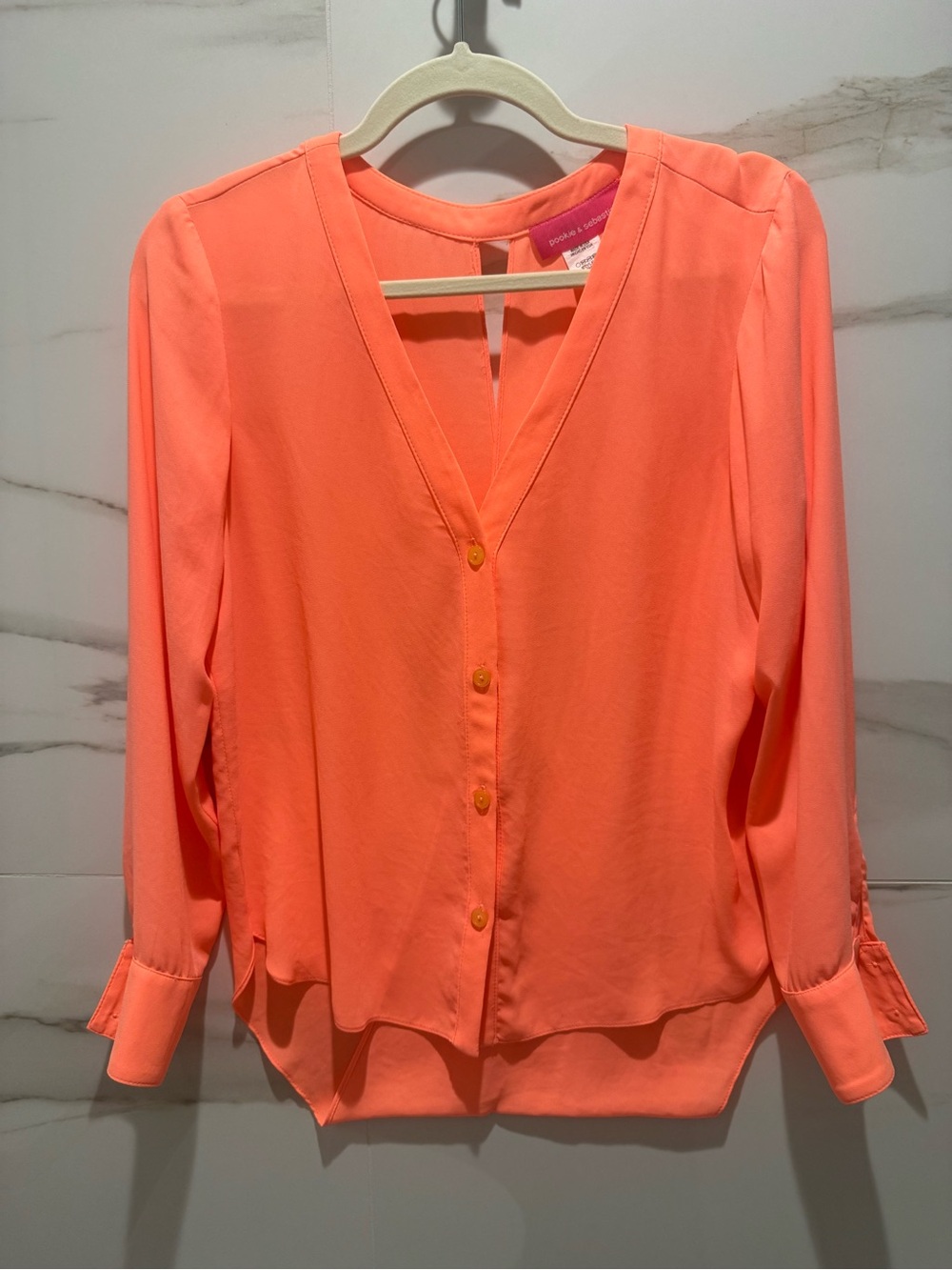 Pookie and Sebastian V-Neck Button-Front Blouse in Neon Coral